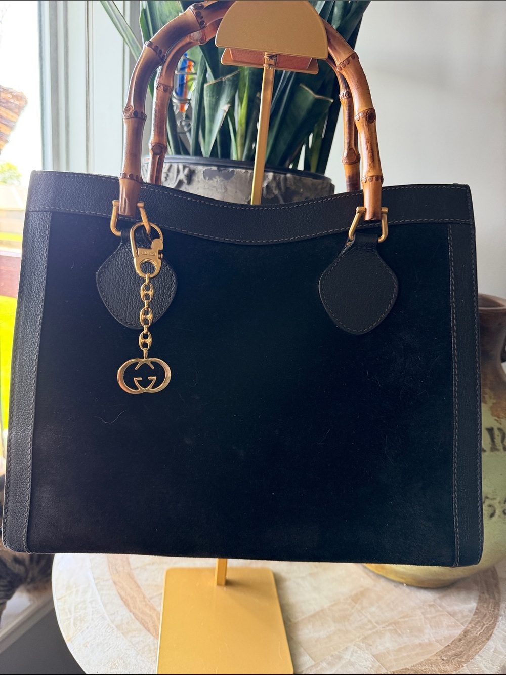 GUCCI Diana Black Suede & Leather Double Bamboo Handle Satchel